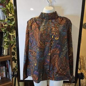 Cape Cod Woman's Long Sleeve Paisley Print Blouse Puckered High Collar Size 14